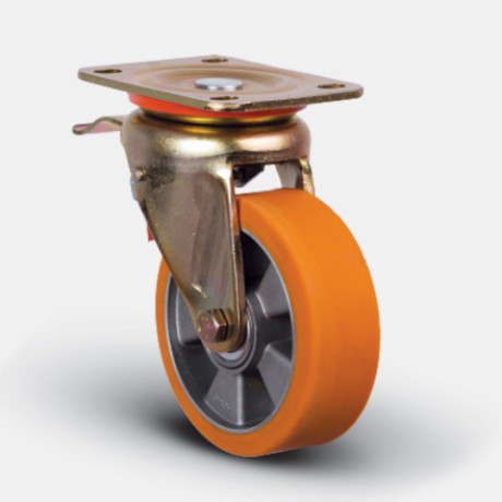 Колесо полиуретановое, диск алюминий, поворотное с тормозом, 200 мм (ED01-ABP-200-F)