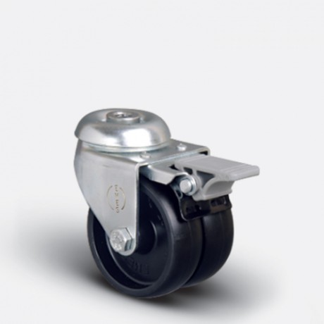 Аппаратное сдвоенное колесо под болт М10 с тормозом 75 мм ( ET04 MKM 75 F), диск-полипропилен черное ET04-MKM-75-F